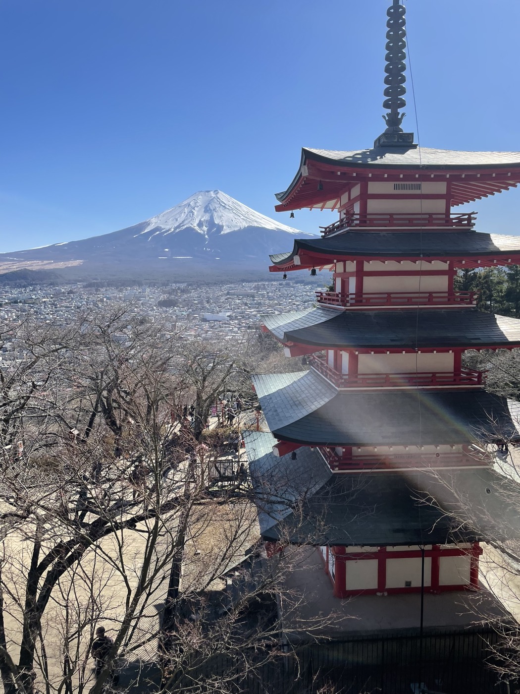 Mt Fuji behind the red five-storey Chūreitō Pagoda