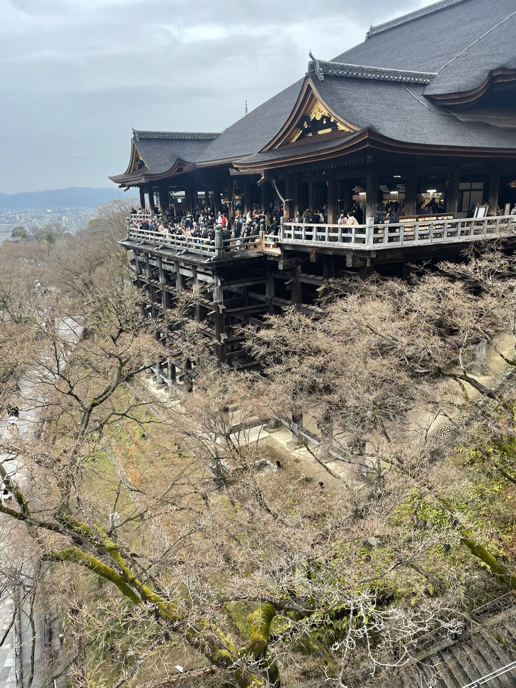 The wooden terrace of Kiyomizu-dera overlooking Kyoto, trees about to blossom below